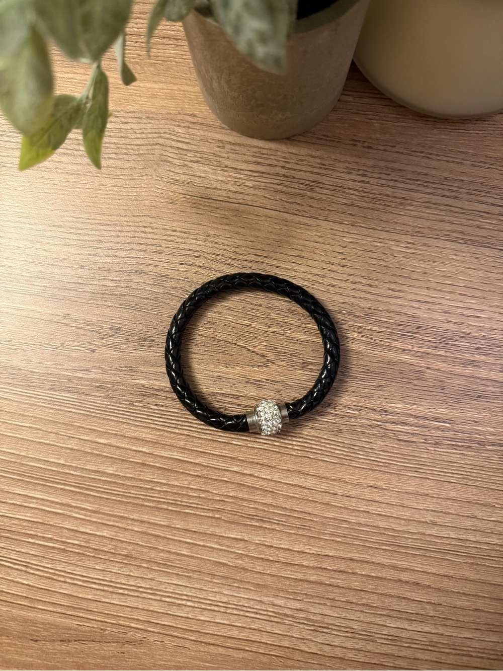 Black Braided Leather Bracelet with Crystal Accent